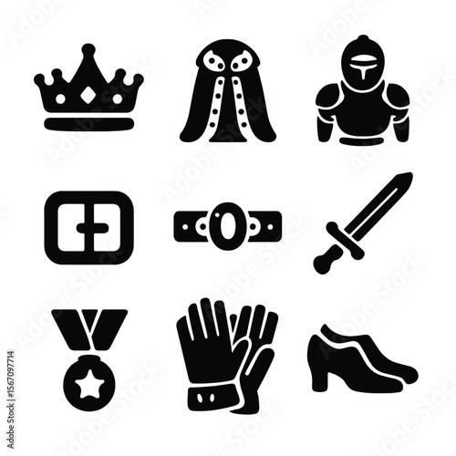 Royal Attire Icons. Solid, filled icon set of royal attire and accessories: crown, velvet robe, knight armor, gold buckle, jeweled