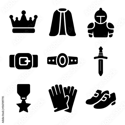 Royal Attire Icons. Solid, filled icon set of royal attire and accessories: crown, velvet robe, knight armor, gold buckle, jeweled