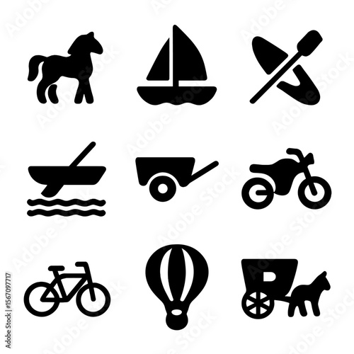 Transport Icons Grid. Solid, filled icon set of modes of transport: horse, boat, canoe, raft, cart, motorcycle, bike, hot air