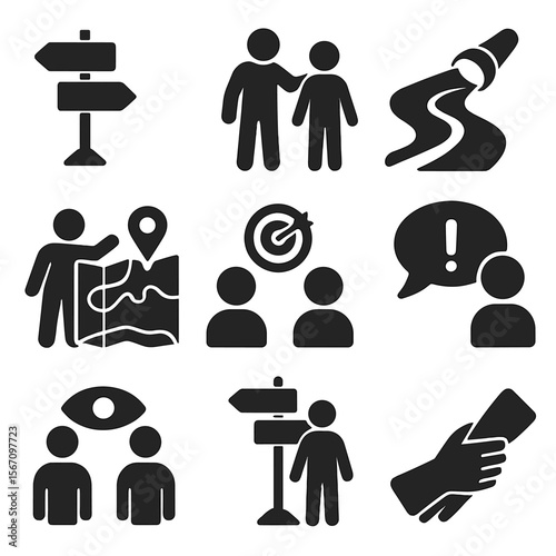 Mentorship Icon Set. Solid, filled icons set of mentorship and guidance: guidepost, older figure helping youth
