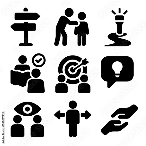 Mentorship Icon Set. Solid, filled icons set of mentorship and guidance: guidepost, older figure helping youth