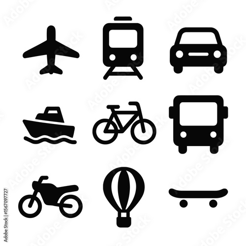 Transport Icons Grid. Solid, filled icon set of modes of transport: airplane, train, car, boat, bicycle, bus, motorcycle, hot air
