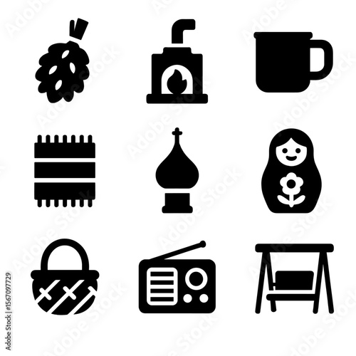 Russian Dacha Icons. Solid, filled icon set of traditional Russian dacha symbols: birch broom, stove chimney, enamel mug, woven