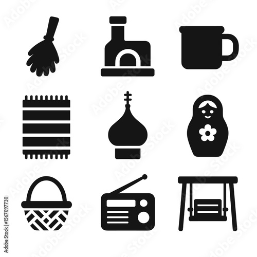 Russian Dacha Icons. Solid, filled icon set of traditional Russian dacha symbols: birch broom, stove chimney, enamel mug, woven