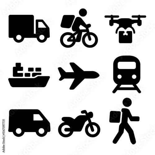 Transportation Icons Grid. Solid, filled icon set of transportation modes: delivery truck, bicycle courier, drone, cargo ship,