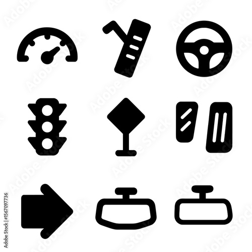 Transportation Icon Set. Solid, filled icon set of movement in transportation: speedometer, gas pedal, steering wheel, traffic