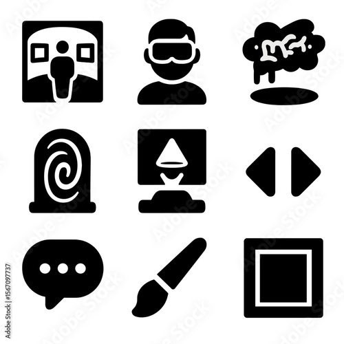 Metaverse Art Icons. Solid, filled icons set of metaverse art galleries: VR gallery hall, avatar viewer,
