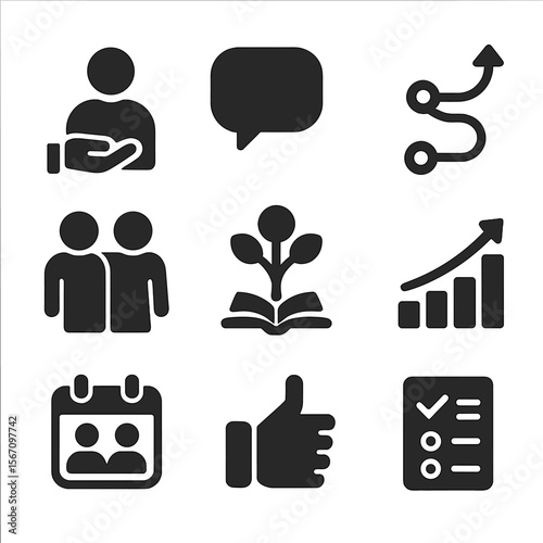 Mentorship Icon Set. Solid, filled icons set of mentorship and guidance: mentor icon, speech bubble, advice