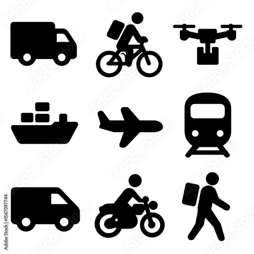 Transportation Icons Grid. Solid, filled icon set of transportation modes: delivery truck, bicycle courier, drone, cargo ship,