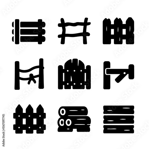 Rustic Fence Icons. Solid, filled icon set of rustic wooden fences: log fence, split rail, rough wood plank, natural post, old