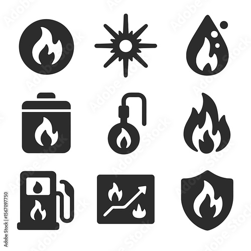 Microgravity Combustion Icons. Solid, filled icons set of combustion in microgravity: flame bubble, ignition