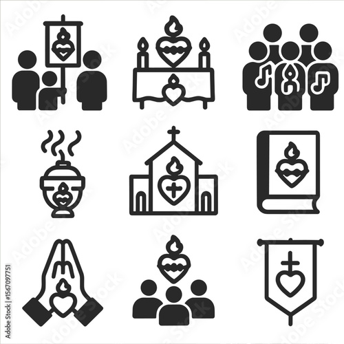 Sacred Heart Icon Set. Solid, filled icon set of sacred heart celebration: procession, altar, candlelight vigil, choir singing,