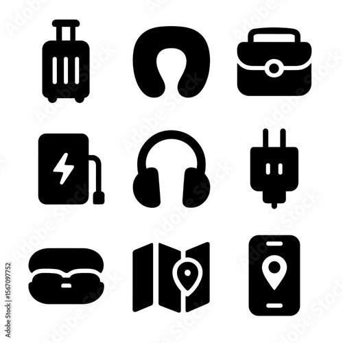 Travel Accessories Icons. Solid, filled icon set of travel accessories: suitcase, travel pillow, camera bag, power bank,