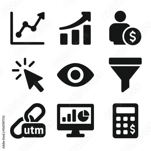 Metrics and Analytics Icons. Solid, filled icons set of metrics and tracking consumer behavior: engagement