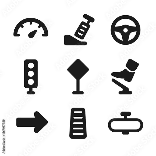 Transportation Icon Set. Solid, filled icon set of movement in transportation: speedometer, gas pedal, steering wheel, traffic