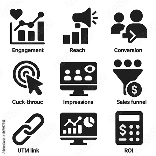 Metrics and Analytics Icons. Solid, filled icons set of metrics and tracking consumer behavior: engagement