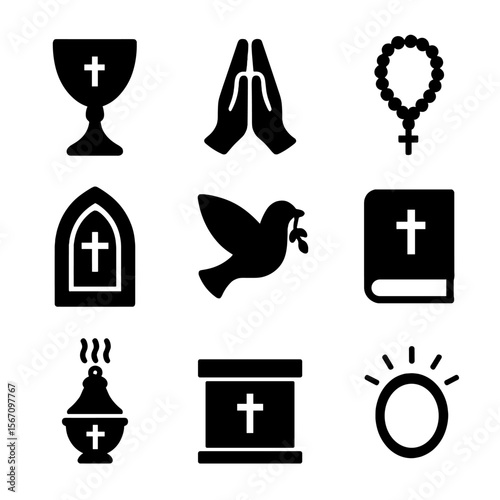 Sacred Heart Icons. Solid, filled icon set of religious sacred heart elements: chalice, prayer hands, rosary beads, church window,