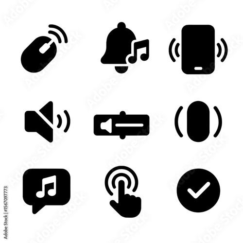 Microinteraction Icon Set. Solid, filled icons set of sound and haptic microinteractions: click sound, alert
