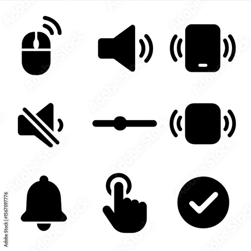 Microinteraction Icon Set. Solid, filled icons set of sound and haptic microinteractions: click sound, alert