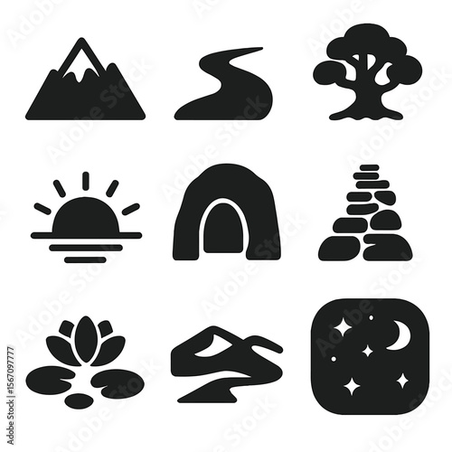 Sacred Nature Icons. Solid, filled icon set of sacred nature and landscapes: mountain peak, flowing river, ancient tree, sunrise,