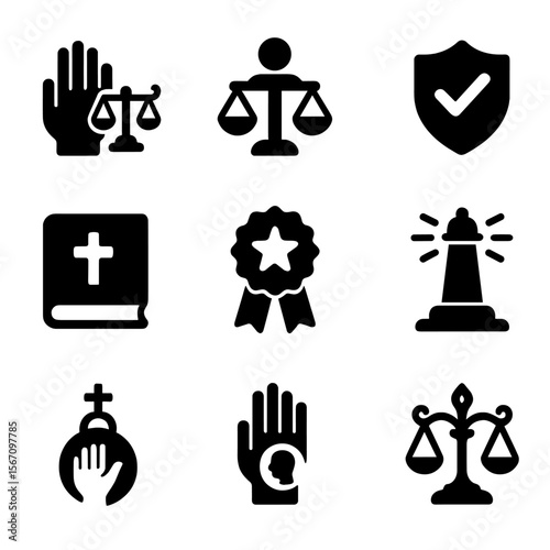 Sacred Responsibility Icons. Solid, filled icon set of sacred responsibility and ethics: justice oath, balanced decision, ethical