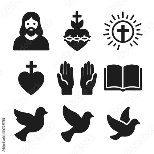 Sacred Heart Icon Set. Solid, filled icon set of Christian sacred heart: Jesus figure, sacred heart symbol, halo, cross, rays of