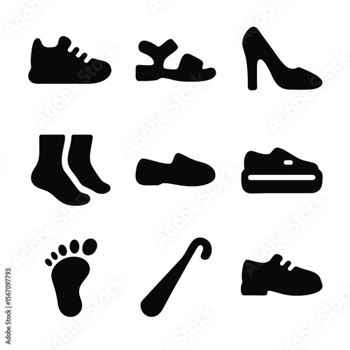 Travel Footwear Icons. Solid, filled icon set of travel footwear and removal: sneakers, sandals, high heels, sock feet, slip-on