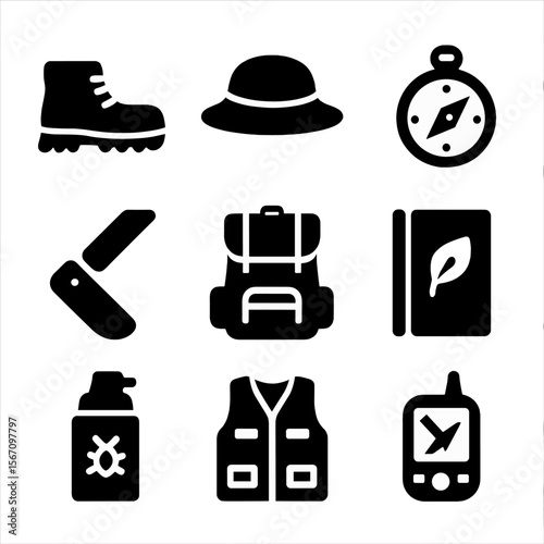 Safari Gear Icons. Solid, filled icon set of safari gear and equipment: hiking boots, field hat, compass, backpack, utility knife,