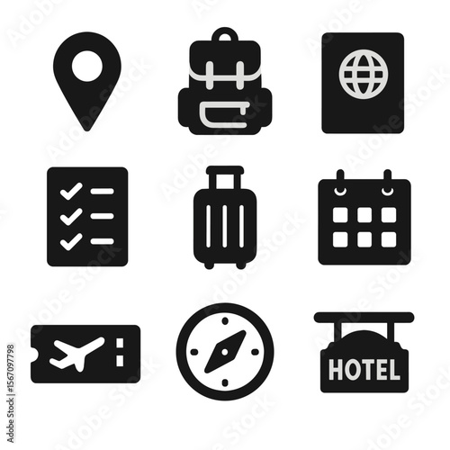 Travel Essentials Icons. Solid, filled icon set of how to travel smart: map pin, backpack, passport, checklist, suitcase, calendar