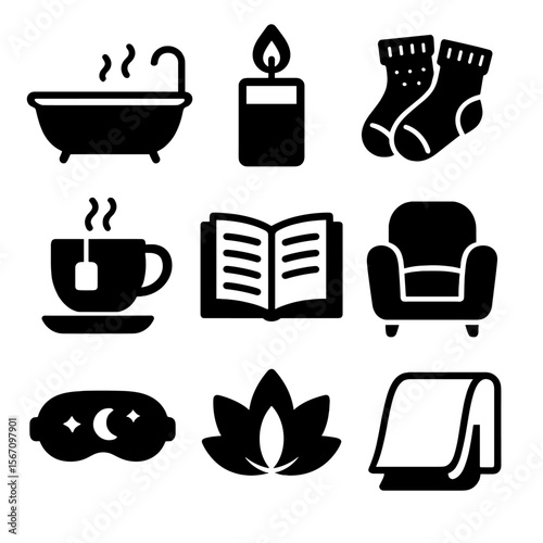 Mindful Self-Care Icons. Solid, filled icons set of mindful self-care rituals: bath icon, candle flame, cozy
