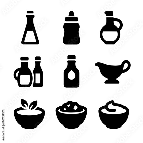 Salad Dressing Icons. Solid, filled icon set of salad dressings: vinaigrette bottle, creamy ranch, balsamic glaze, oil and vinegar