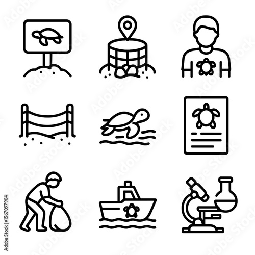 Turtle Conservation Icons. Solid, filled icon set of turtle conservation efforts: protected area sign, nest monitoring, volunteer,