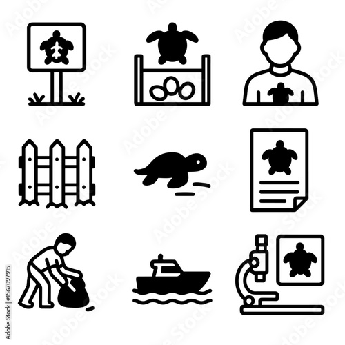 Turtle Conservation Icons. Solid, filled icon set of turtle conservation efforts: protected area sign, nest monitoring, volunteer,