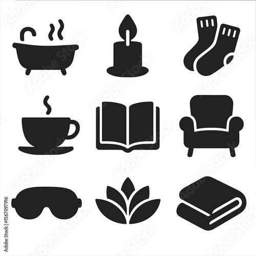 Mindful Self-Care Icons. Solid, filled icons set of mindful self-care rituals: bath icon, candle flame, cozy