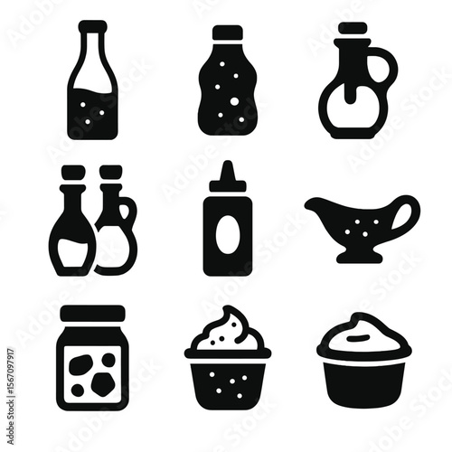 Salad Dressing Icons. Solid, filled icon set of salad dressings: vinaigrette bottle, creamy ranch, balsamic glaze, oil and vinegar