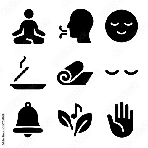 Mindfulness Icon Set. Solid, filled icons set of mindfulness and meditation: lotus pose, breathing icon, calm