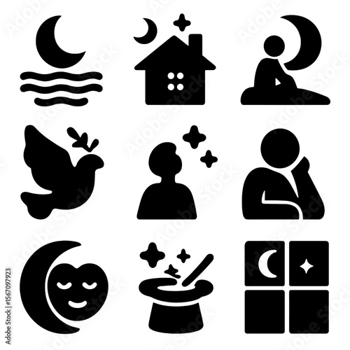 Twilight Emotion Icons. Solid, filled icon set of twilight emotions and moods: calm, mystery, solitude, peace, wonder,