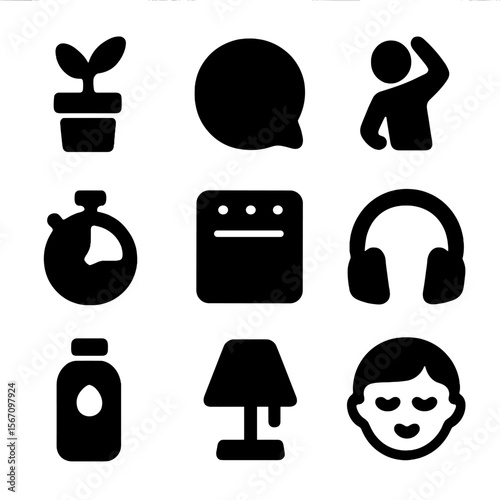 Mindful Workspace Icons. Solid, filled icons set of mindful workspace: desk plant, breathing bubble, soft