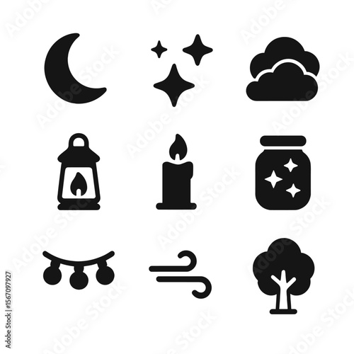 Twilight Atmosphere Icons. Solid, filled icon set of twilight atmosphere: crescent moon, twilight stars, dusk clouds, lantern,