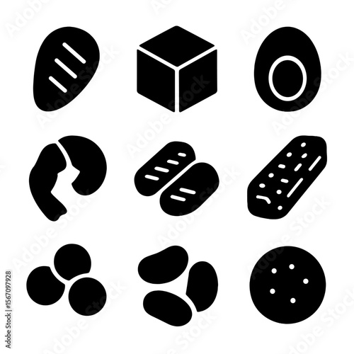 Salad Protein Icons. Solid, filled icon set of salad proteins: grilled chicken, tofu block, boiled egg, shrimp, steak strips,