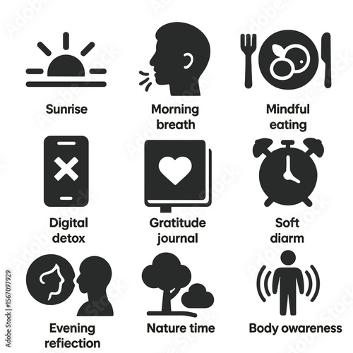 Mindfulness Icon Set. Solid, filled icons set of daily mindfulness habits: sunrise icon, morning breath,