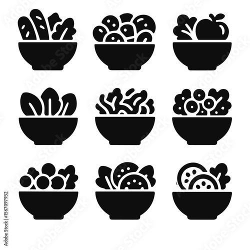 Salad Icon Grid. Solid, filled icon set of salad types: Caesar salad, Greek salad, fruit salad, pasta salad, mixed greens,