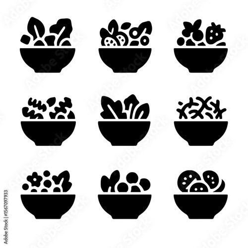 Salad Icon Grid. Solid, filled icon set of salad types: Caesar salad, Greek salad, fruit salad, pasta salad, mixed greens,