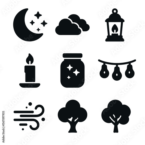 Twilight Atmosphere Icons. Solid, filled icon set of twilight atmosphere: crescent moon, twilight stars, dusk clouds, lantern,