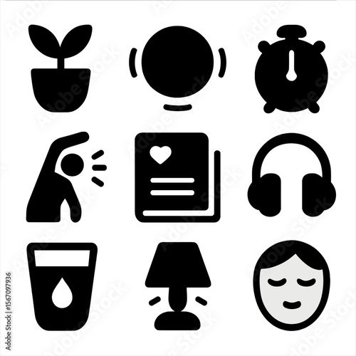 Mindful Workspace Icons. Solid, filled icons set of mindful workspace: desk plant, breathing bubble, soft