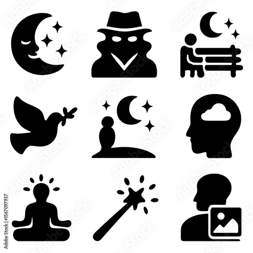 Twilight Emotion Icons. Solid, filled icon set of twilight emotions and moods: calm, mystery, solitude, peace, wonder,