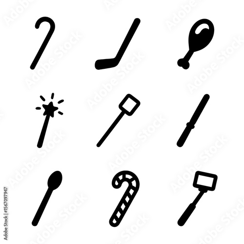 Types of Sticks Icons. Solid, filled icon set of types of sticks: walking stick, hockey stick, drumstick, magic wand, marshmallow