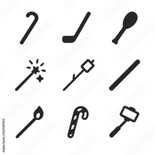 Types of Sticks Icons. Solid, filled icon set of types of sticks: walking stick, hockey stick, drumstick, magic wand, marshmallow