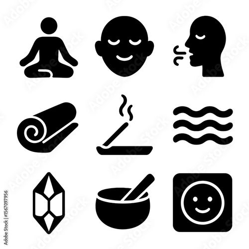 Mindfulness Icons Set. Solid, filled icons set of mindfulness and wellness escapism: meditation pose, peaceful