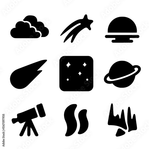Twilight Sky Icons. Solid, filled icon set of twilight sky elements: dusk clouds, shooting star, horizon, twilight gradient, comet